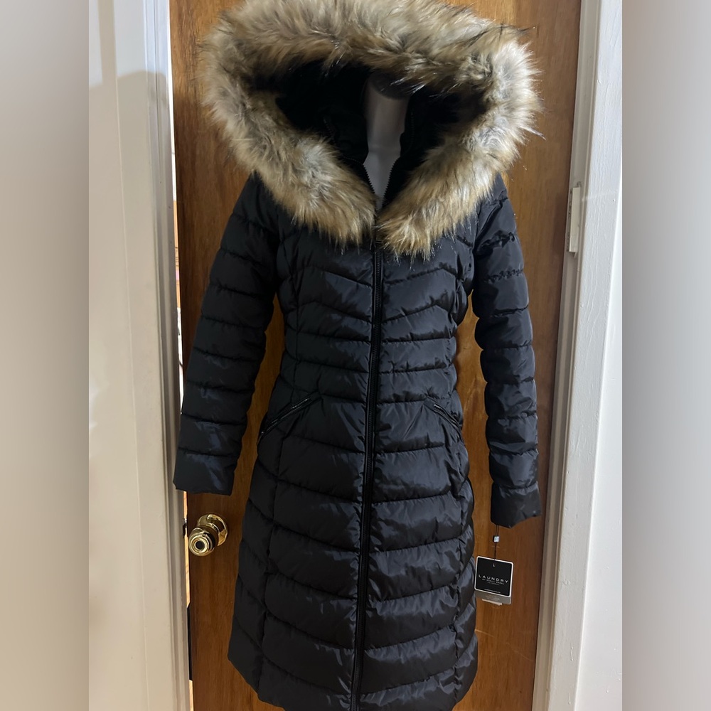 Chinese Laundry Black Puffer Coat with Faux Fur Hood
